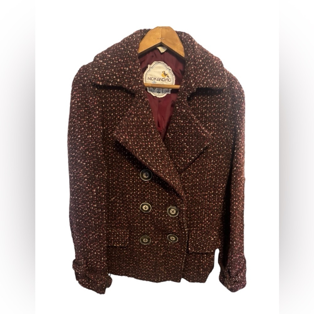 Vintage 60s NICK & MO Women's Double-Breasted Burgundy Tweed Pea Coat | Size S